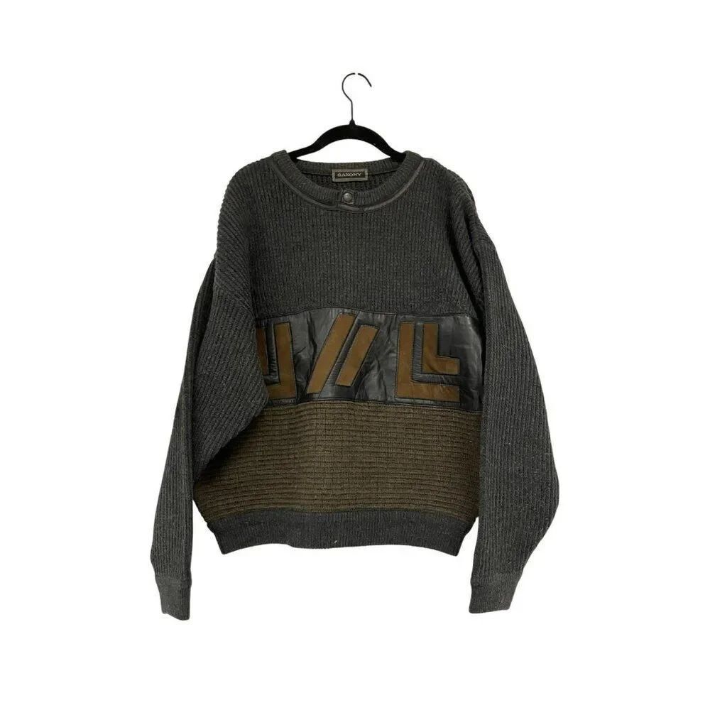 Saxony Mens Sweater Size M Gray Brown Knit Genuine Leather Wool Blend Pullover